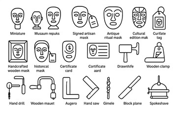 Fototapeta premium Ceremonial Masks and Tools. Line style icons of collectible ceremonial masks: miniature mask, museum replica mask, signed artisan