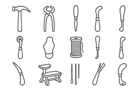 Cobbler's Tools Icons. Line style icons of cobbler&rsquo;s antique tools: hammer, lasting pliers, pegging awl, channel knife, stitching