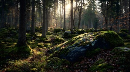 Fototapeta premium Sunlight filtering through a tranquil forest, illuminating mossy rocks and tall trees.