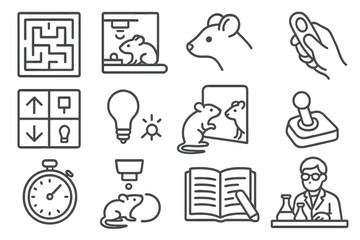 Behavioral Experiment Icons. Line style icons of behavioral experiments: maze experiment, reinforcement lab, test subject icon,