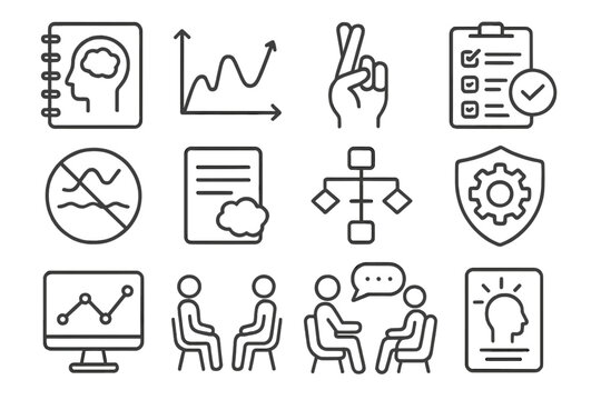 Behavioral Therapy Icons. Line style icons of therapy methods in behavioral psych: CBT notebook, exposure therapy chart, habit