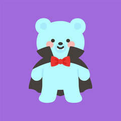 Standing Cute Blue Bear Vampire on Purple Background