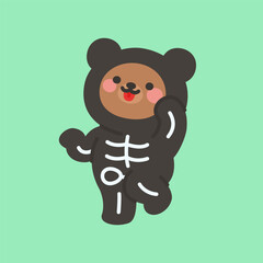 Skeleton Teddy Bear Costume Dancing with Raised Arm and Leg