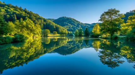 Fototapeta premium Serene lake reflecting lush greenery and hills under a vibrant sky. A tranquil morning scene showcases a mirrored landscape.