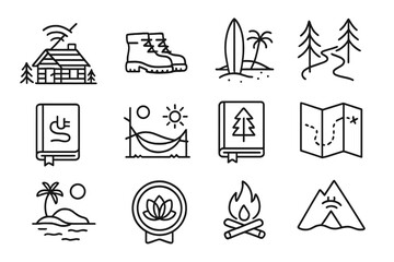 Fototapeta premium Vacation Icon Collection. Line style icons of vacation and digital reset: no-wifi cabin icon, hiking boots symbol, surfboard rest,