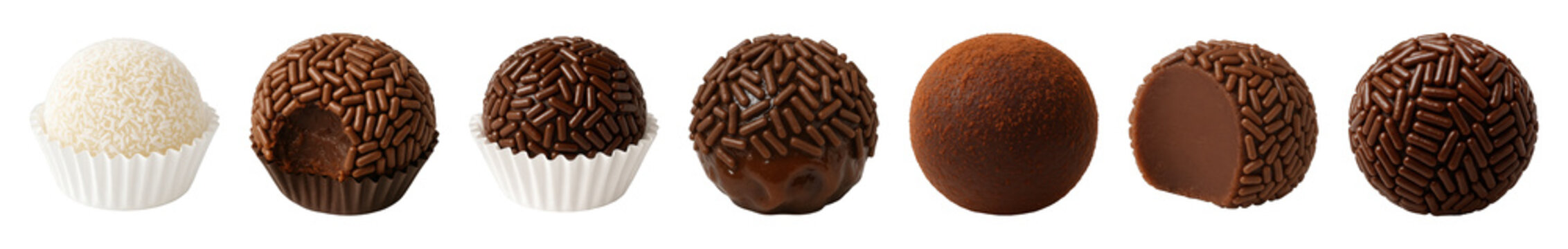 Brazilian brigadeiro candy set including chocolate sprinkle, cocoa powder, and coconut variations isolated. Traditional sweet dessert collection.