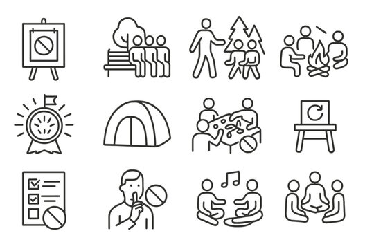 Digital Detox Icons. Line style icons of community digital detox events: unplug poster board, local park meetup, guided forest