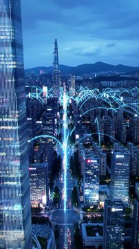 A breathtaking drone crane video dolly-out and ascends from a glowing abstract megastructure to reveal a vast, high-tech, futuristic smart city at twilight, crisscrossed by neon and blue-violet light