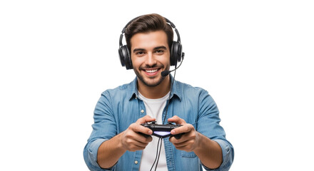 young playing video game with white background