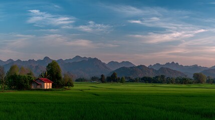 A serene rural landscape at dusk, featuring a small home nestled in a vibrant green paddy field, with a backdrop of rolling mountains painted in soft twilight hues.