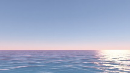 A serene, pastel-toned landscape portrays a calm ocean meeting a delicate, light-pink sunrise sky.