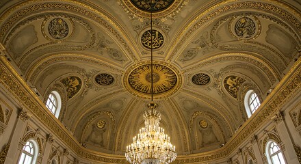 Obraz premium Ornate gilded ceiling with chandelier showcasing historical craftsmanship elegance
