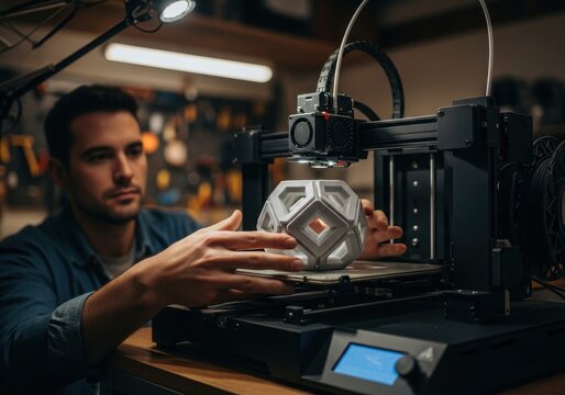 A man inspects a 3d printed object, a geometric white sphere with square openings, on a 3d printer in a workshop.