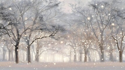 Fototapeta premium A winter wonderland scene, featuring a snowy forest blanketed in soft, glowing light, showcasing the beauty of a winter day.
