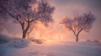 A serene winter wonderland scene showcases frosted trees bathed in soft, golden light.