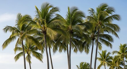 Obraz premium Palm trees swaying in the wind under a blue sky.