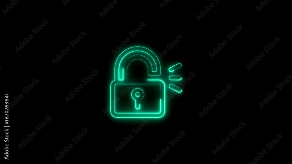 Poster neon green illuminated open padlock isolated on black background representing security and access