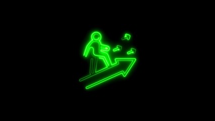 Green neon illustration of a person climbing an arrow representing growth and success