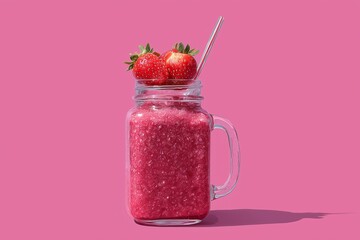 Bright pink strawberry smoothie served in a glass mason jar with fresh strawberries on top, creating a vibrant and refreshing drink display suitable for summer enjoyment