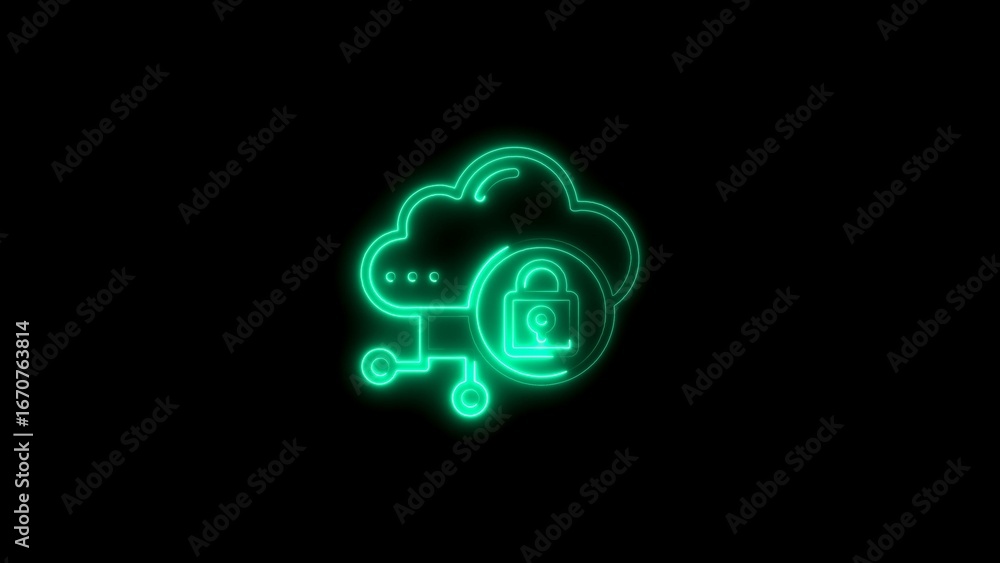 Poster secure cloud computing icon in neon green illustrating data privacy and protection
