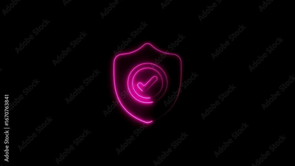 Poster neon pink shield with checkmark symbolizing security and verification on black background