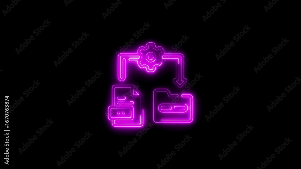 Poster neon process icon depicting file processing and data management on black background
