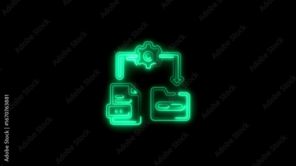 Poster illuminated green neon icon illustrating file processing operation and data management