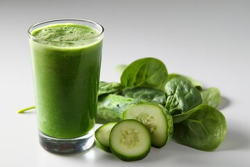Refreshing green smoothie made with spinach and cucumber in a glass served on a plain backdrop