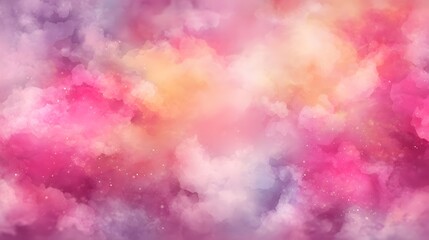 A vibrant, dreamy scene featuring soft, pastel cloudscapes, blending a spectrum of pinks, purples, and yellows.