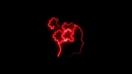 Neon red human head silhouette with puzzle pieces representing problem solving and brain
