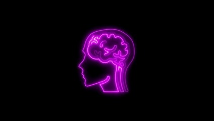 Illuminated neon outline of a human head displaying the brain on a dark black background