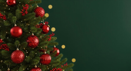A close-up of a pine tree decorated with sparkling red ornaments and bright lights. A dark green background provides copy space.