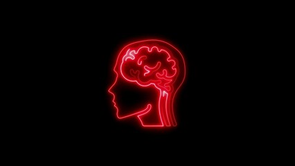 Glowing red neon outline of human head with brain anatomy displayed