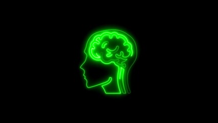 Green neon outline of a human head illustrating brain and cognitive function