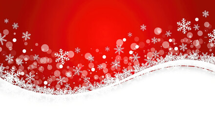 Snowflakes and shimmering bokeh lights on a vibrant red background, with a white mound of snow below for text.