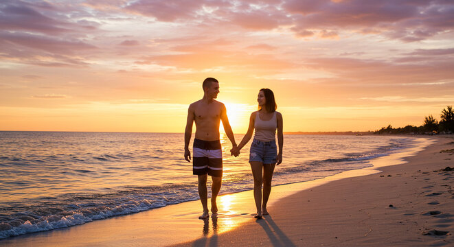 Couple holding hands while walking along a beach at sunset