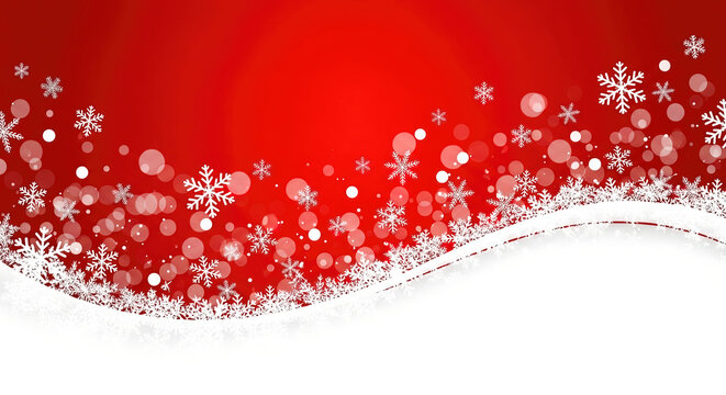 Snowflakes and shimmering bokeh lights on a vibrant red background, with a white mound of snow below for text.