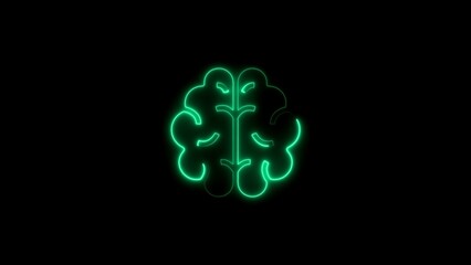 Bright green neon brain illustration on black background representing intelligence and thought
