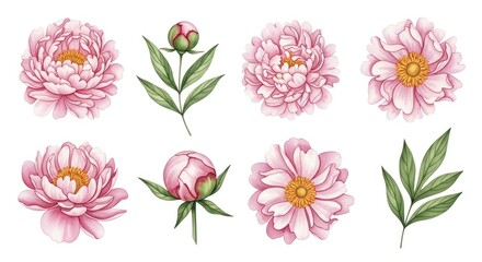 A collection of detailed illustrations of delicate pink peonies and buds, presented with elegant green leaves, set against a bright white background.