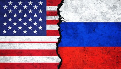 Geopolitical tension between the United States and Russia, symbolized by their flags split by a jagged black crack on a neutral background.