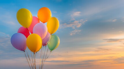 Fototapeta premium A vibrant cluster of colorful balloons floats against a pastel sky at sunset.