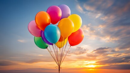A cluster of colorful balloons floats against a vibrant sunset sky, creating a joyful and uplifting scene.
