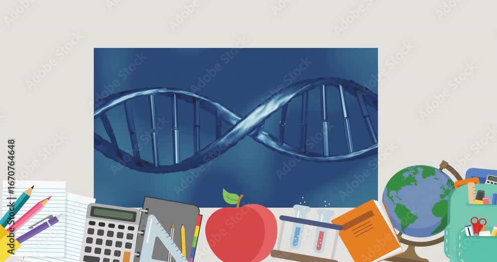 Aufkleber upon loading dna helix rotating above desk with stationary items illustrating molecular structure