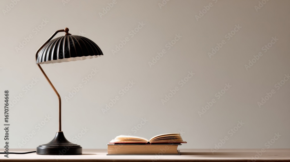 Poster warm light illuminates an open book resting on a wooden table in a minimalist setting