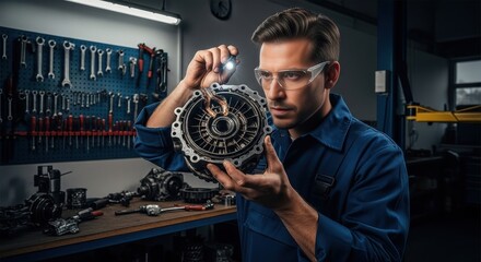 auto mechanic man in protective eyewear holding a car part, using a flashlight for inspection in an auto service garage. precision repair.