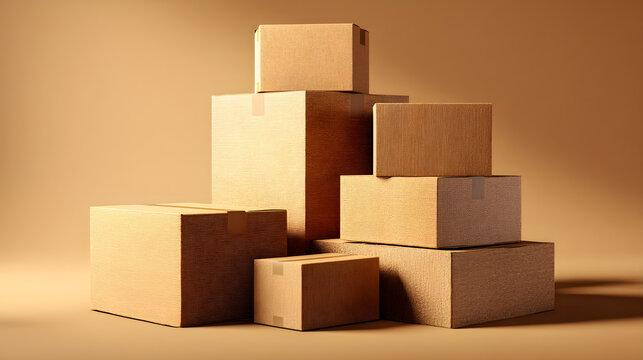 Textured stack of brown cardboard shipping boxes, representing e-commerce, global logistics, delivery, and secure storage on a warm background.