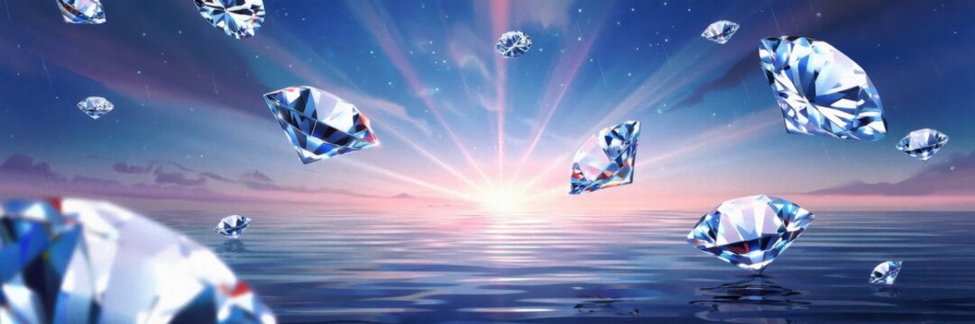 Sparkling diamonds float above a tranquil ocean, illuminated by a radiant sunrise, creating a mesmerizing and dreamlike atmosphere.
