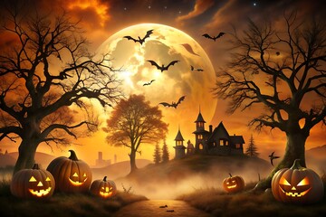 Photo of a haunted house with glowing windows sits on a hill under a large full moon, surrounded by spooky trees and jackolanterns, with bats flying in the night sky