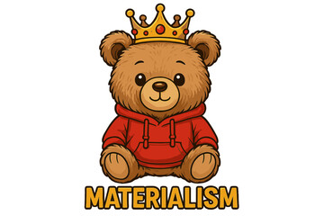 Cute bear character wearing a crown and hoodie embodies the theme of materialism in a playful and engaging way