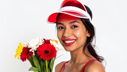 Smiling person holding bouquet of wildflowers including daisies and purple blooms; wearing red spaghetti strap top and red-white visor; posed against plain white wall.